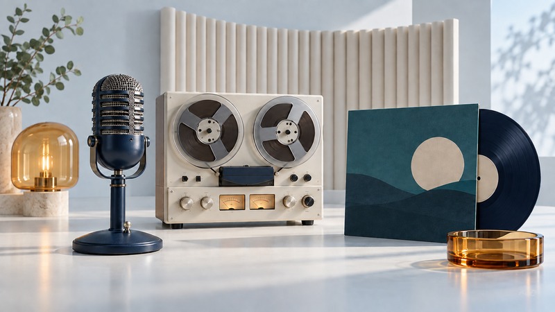 Vintage navy microphone, ivory reel-to-reel recorder, and a teal record sleeve in a pale studio.