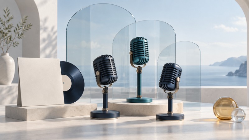Three microphones, layered glass panels, and a record on an ivory platform.