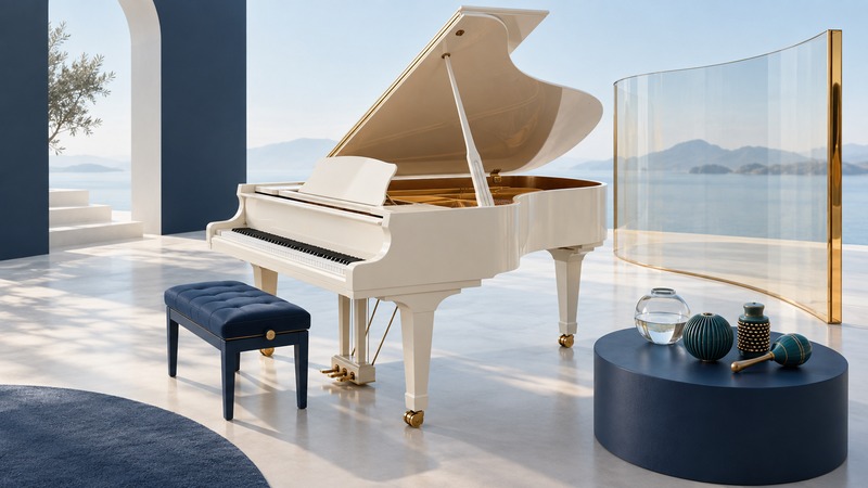 An ivory grand piano beside small teal percussion instruments.