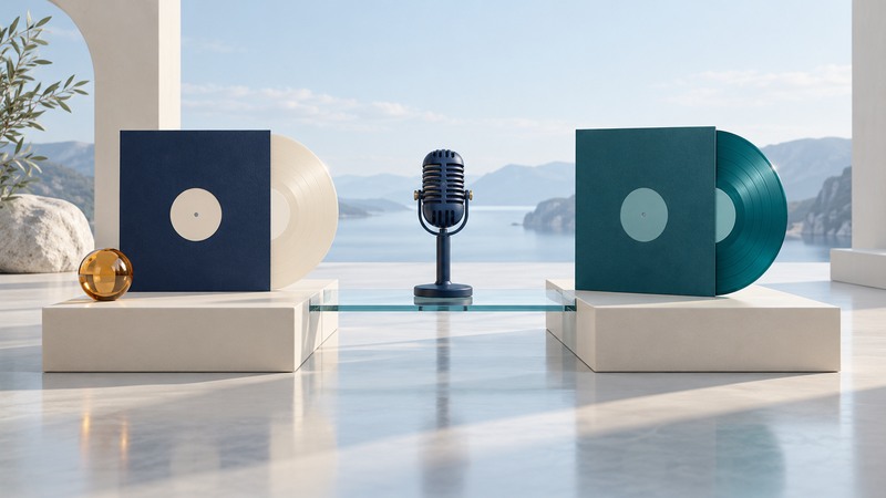 Navy vintage microphone between two records on ivory platforms connected by clear glass.