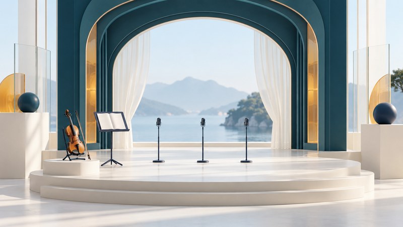 An ivory opera stage with teal arches holds three microphones beside a violin and a music stand with a blank score.