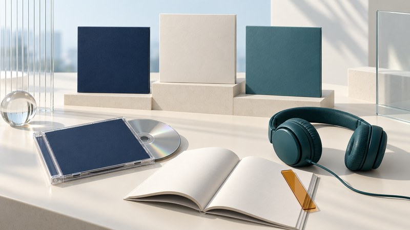 A silver CD, blank magazine, and teal headphones sit before three unmarked album sleeves on ivory platforms.