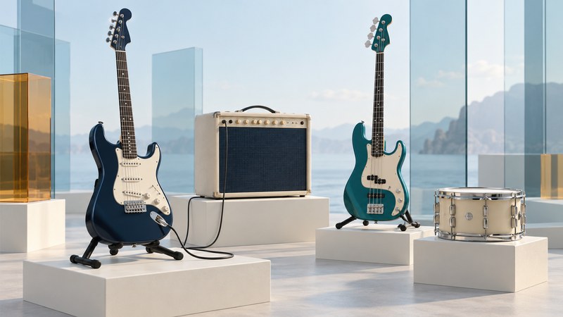A navy electric guitar, ivory amplifier, teal bass guitar and snare drum rest on separate ivory platforms.