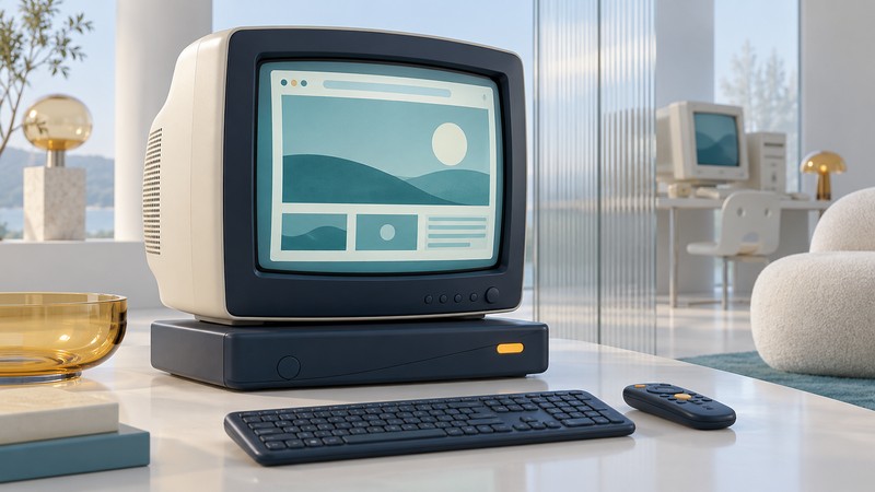 A CRT television and internet appliance sit with a wireless keyboard and remote, with a desktop computer in the background.