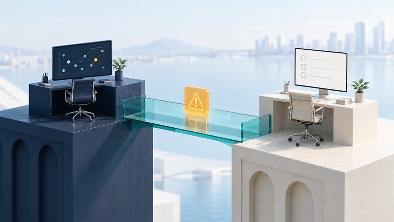 Two workstations on separate plinths share a teal glass bridge with an amber alert at the handoff point.