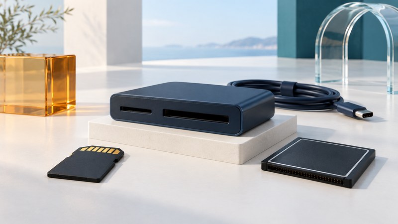 A navy reader with two slots sits beside separate SD and CompactFlash-style cards and a USB-C cable.
