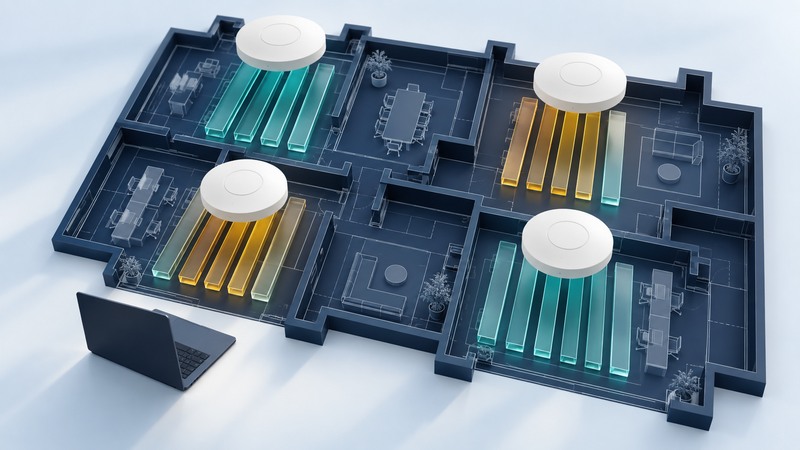 Four access points sit over a navy floor plan beside separated teal and amber channel strips.