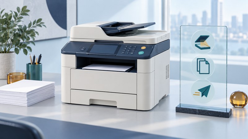An ivory multifunction fax printer beside paper and conceptual scanning, copying and sending symbols.