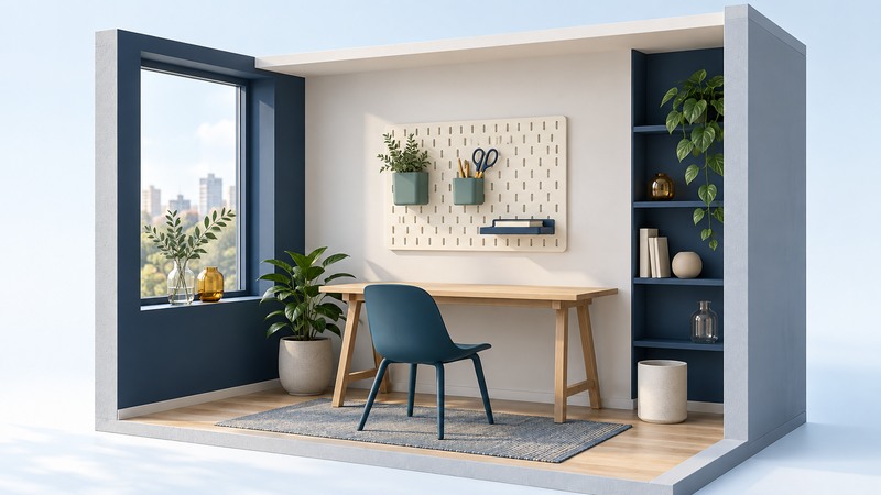 An ivory slotted wall panel holds small teal cups and a navy shelf above a clear desk in a compact room.