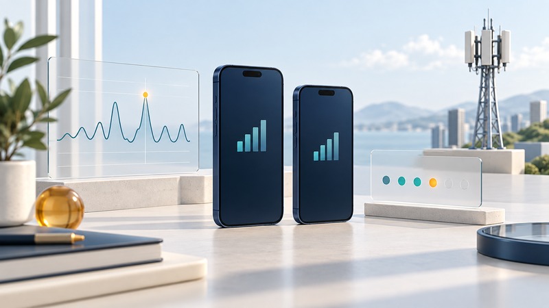 Two test phones stand beside glass timing panels with a small cellular tower in the background.