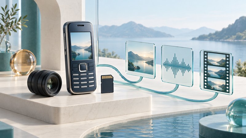 Conceptual multimedia phone beside a camera lens, memory card, and glass panels representing pictures, sound, and video.