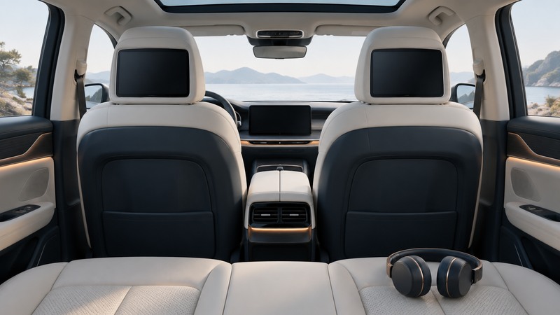 Two intact front head restraints with integrated rear-facing screens and headphones in a parked car.