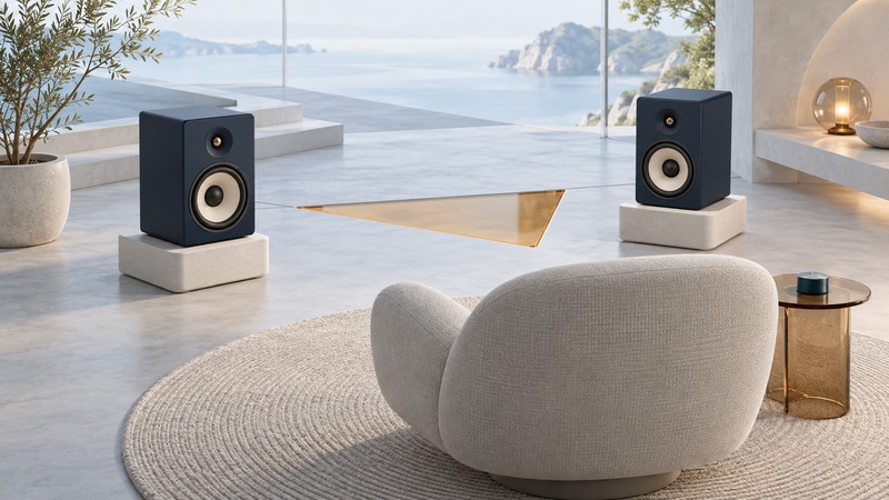 Two navy speakers face a central chair across an amber triangular inset, with a small volume controller nearby.
