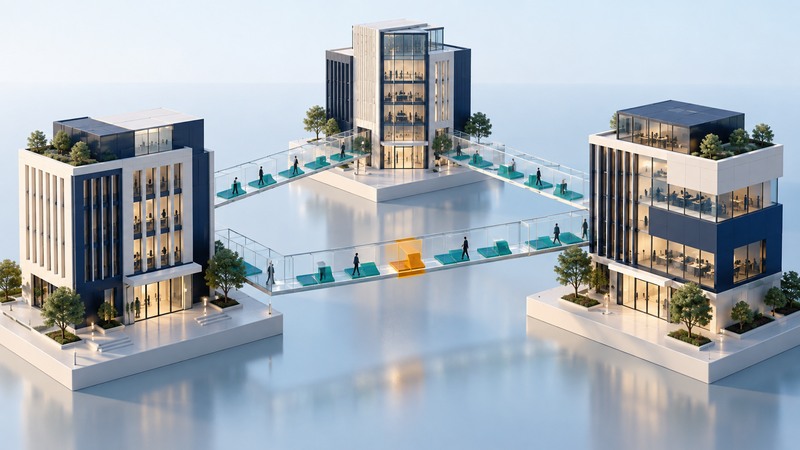 Three miniature office buildings connect through glass bridges carrying teal and amber work tiles.