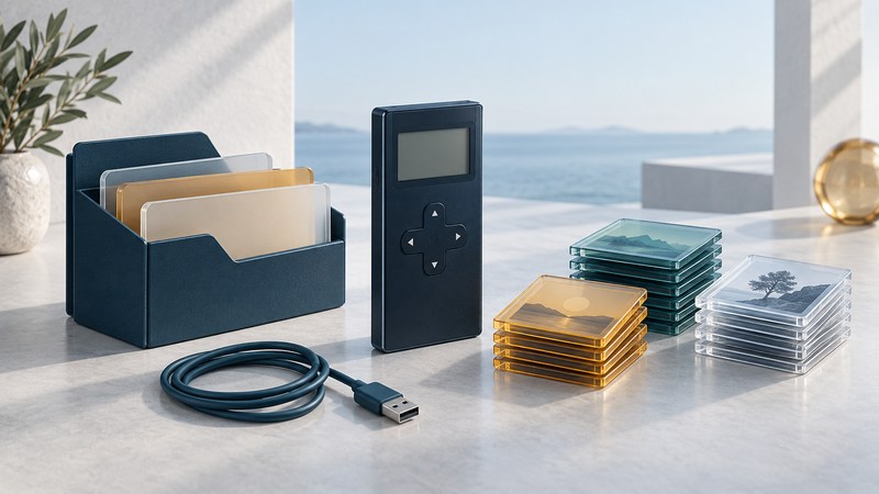 A conceptual navy music player beside folder dividers, glass album tiles and a USB cable.
