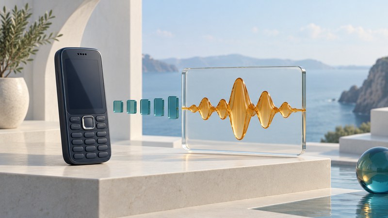 Conceptual mobile phone beside teal note blocks and an amber audio waveform on a glass panel.