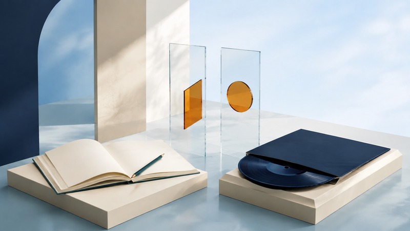An open blank notebook and a navy record occupy separate ivory platforms beside two distinct glass panels.
