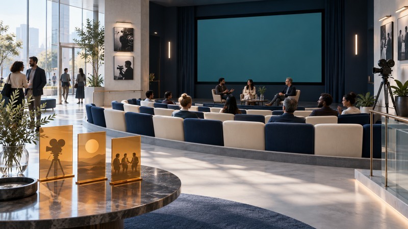 A contemporary cinema has navy and ivory seats, a teal screen, a panel discussion and amber program cards in the foyer.