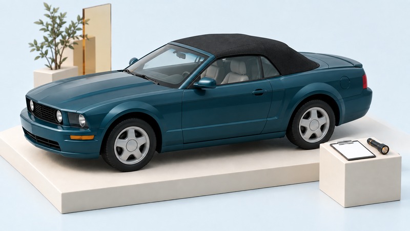 A teal retro-styled convertible with its fabric roof raised beside an inspection clipboard and flashlight.