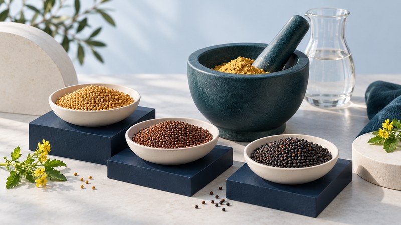 Separate bowls of yellow, brown and dark mustard seeds beside a teal mortar of mustard powder and a water vessel.