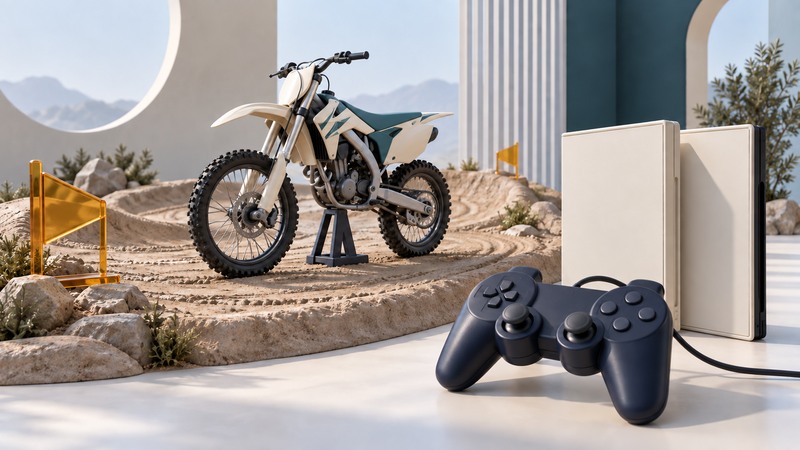 A miniature motocross bike and dirt course beside an unmarked game controller and two plain game cases.