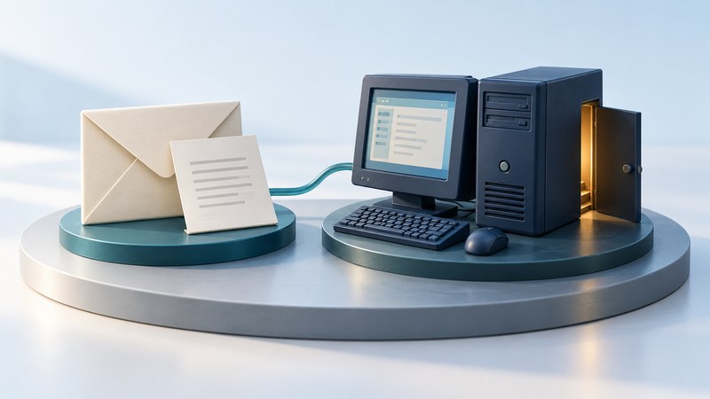 An envelope and document lead to a miniature desktop computer with a small open amber doorway.