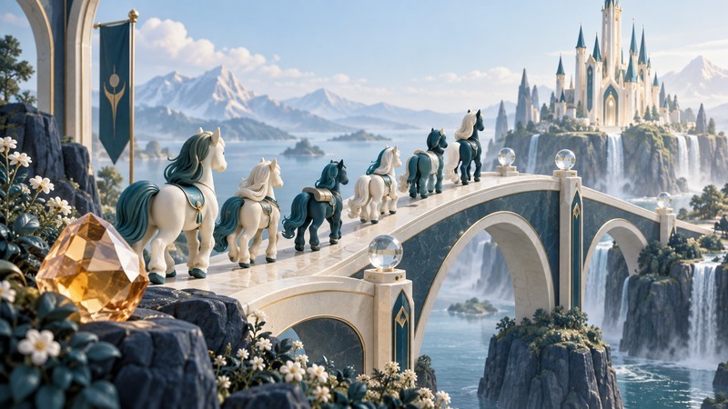 Six ivory and teal pony sculptures cross a bridge toward a distant castle beside an amber jewel.