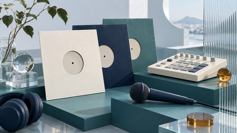 Navy microphone, ivory drum machine, and unmarked record sleeves on teal platforms.