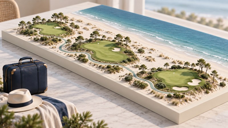 A flat coastal tabletop model groups three miniature golf-course areas along a sandy shoreline beside a suitcase.