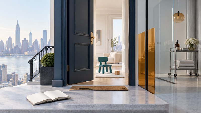 An open notebook outside an elegant apartment doorway, with a small teal chair inside.
