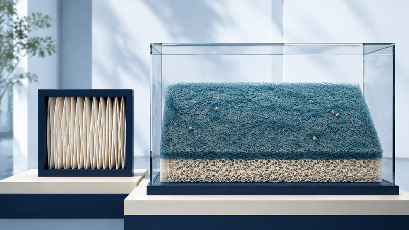 A pleated filter sample stands beside an enlarged teal fiber web over an ivory support layer in a glass case.
