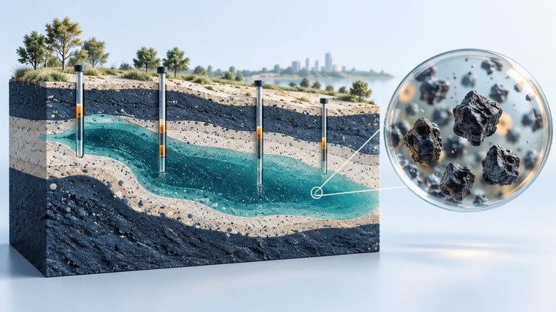 A conceptual sediment cross-section shows several monitoring wells and a separate enlarged view of dark iron particles.