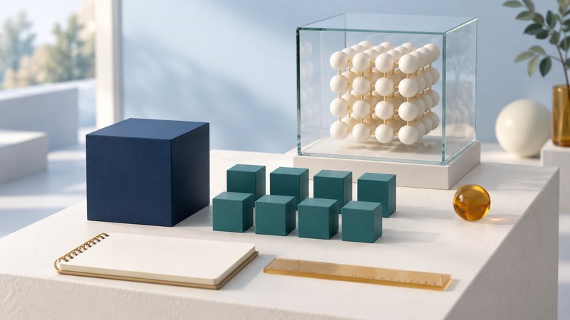 A large navy cube and eight smaller teal cubes stand beside an abstract lattice in a glass case.
