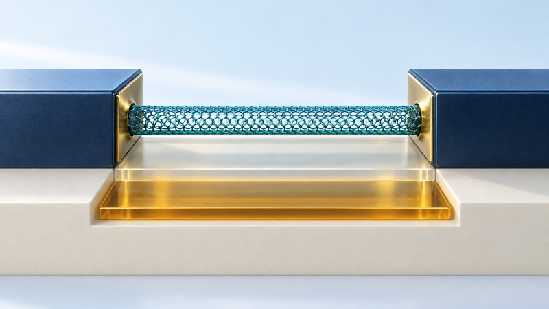 A conceptual nanotube channel bridges contacts above an insulated gate.