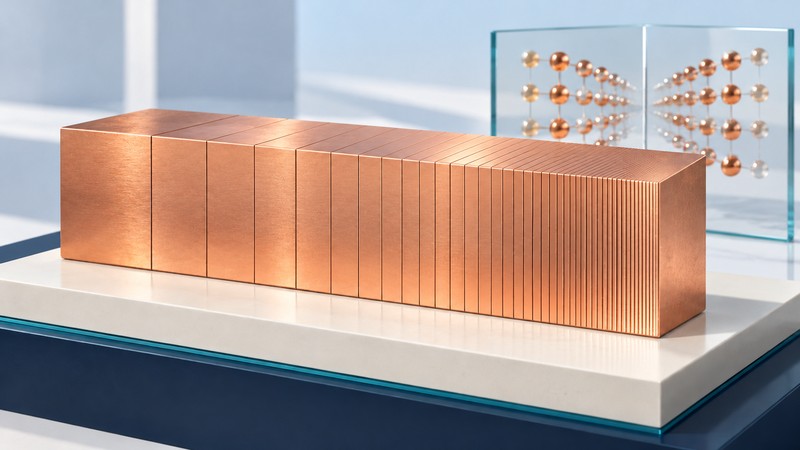 A solid copper-colored block shows gradually changing boundary spacing beside a mirrored lattice model.