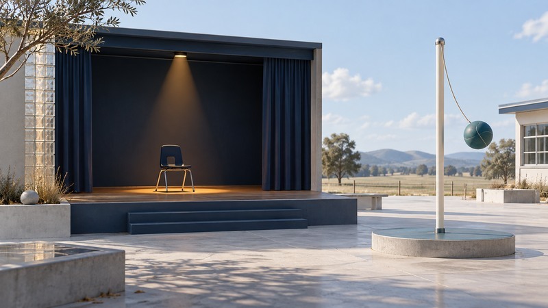 A quiet navy school stage with a single chair and amber spotlight stands beside a teal tetherball.