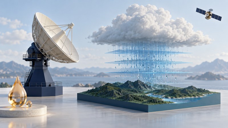 A conceptual research radar dish observes layers of rain over miniature terrain beneath a small satellite.