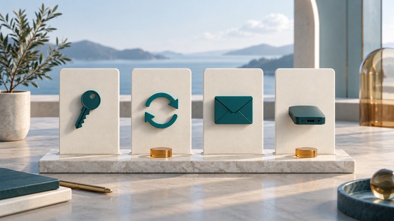 Four ivory planning panels display a key, update arrows, envelope and backup drive, with amber completion tokens.