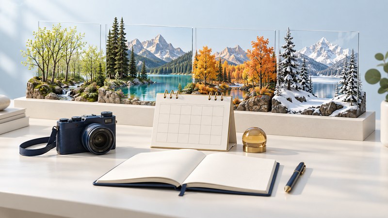 A blank desk calendar and navy camera sit in front of four miniature landscapes suggesting spring, summer, autumn and winter.