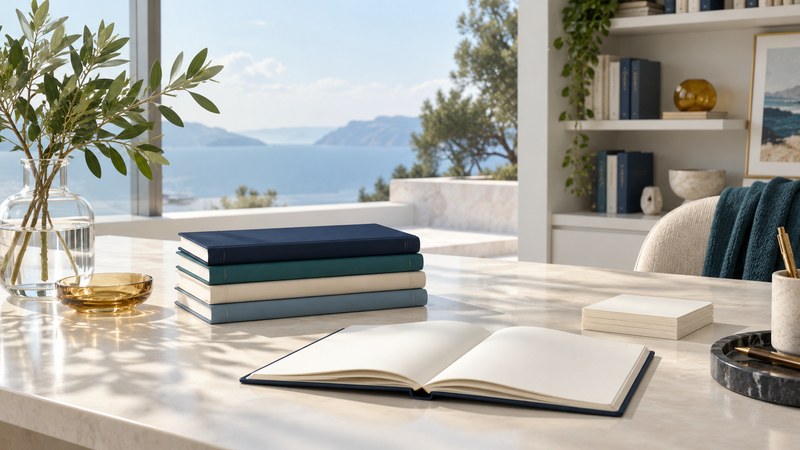 Four slim notebooks, an open book, and blank reading cards on a sunlit table.