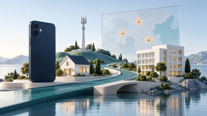 A navy phone beside a model house, office, winding teal road, communications mast, and glass map with amber location markers.
