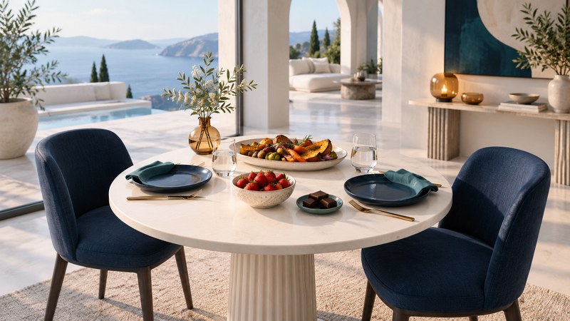 A table for two with navy plates, vegetables, strawberries, chocolate and clear water glasses.