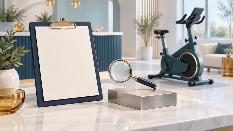 A blank clipboard and magnifying glass sit near an unmarked metal block with an exercise bike behind them.