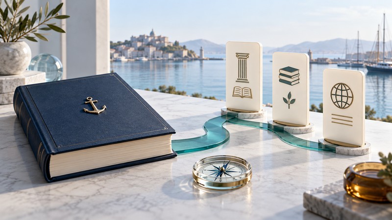 A navy reference book, anchor and compass sit beside three resource panels overlooking a calm harbor.