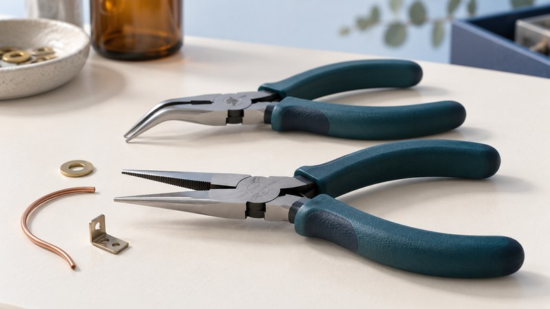 Illustration of straight and bent needle-nose pliers beside a small bracket, washer and loose copper wire.