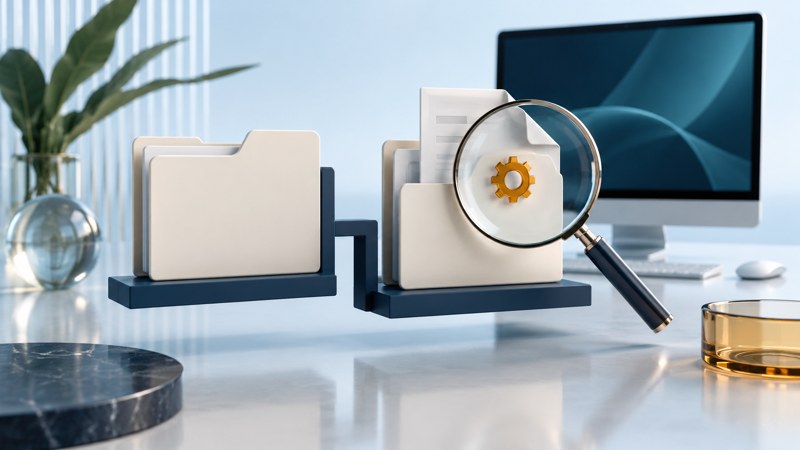 Two connected folder shelves hold a document whose amber gear emblem is examined through a magnifying lens.