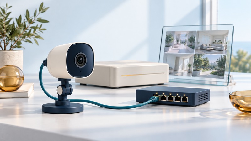 A compact ivory and navy camera connects by teal cable to a network switch beside a recorder and glass viewing panel.