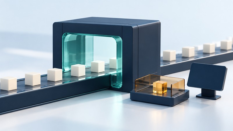 Ivory data cubes pass a navy and teal inspection gateway while an amber cube sits in a separate tray beside a monitoring panel.
