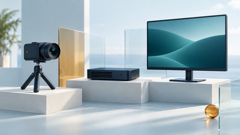 A small camera, navy encoder and display occupy separate ivory plinths linked by teal channels.