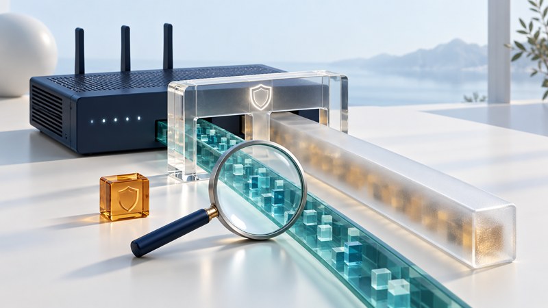 A navy network appliance feeds a clear teal channel under a lens and a second channel inside frosted glass.